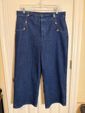 Ann Taylor Dark Blue Wide-Leg Sailor Jeans with Button Detail